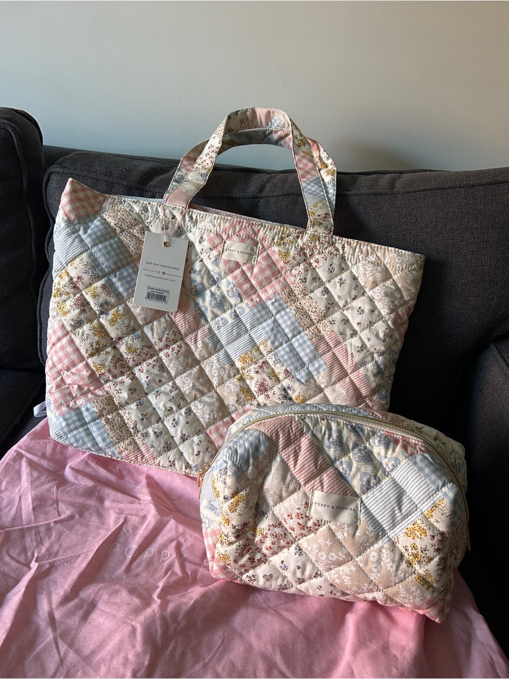 Poppy & Peonies Quilted Patchwork Tote and Matching Large Cosmetic Bag